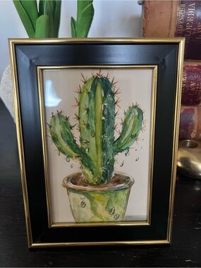 Framed Cactus Watercolor Art - Black & Gold Frame 5x7